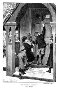19th century engraving of children 'The Christmas Carollers'; Artist Robert Barnes, engraver Joseph Swain; Victorian Christmas 1890